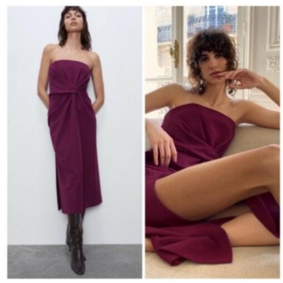 Zara Burgundy Strapless Midi Dress Draped Knot Detail sz XS Purple NWT - Picture 2 of 13